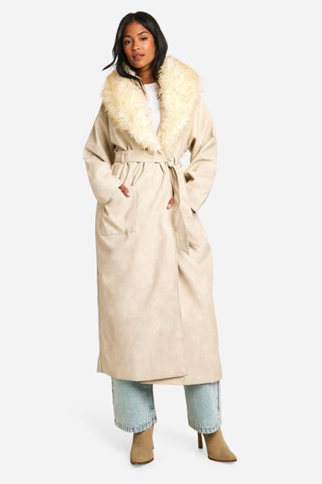 Tall Faux Fur Collar Vintage Look Faux Leather Trench Coat - Image 3