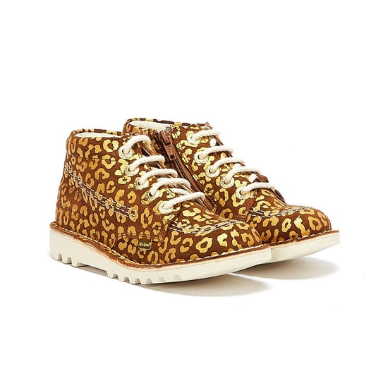 Jongens Meisjes Kickers Kick Hi Leopard Junior Bruin/Goud Laarzen - Image 1