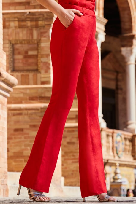 Red Linen Kick Flare Trousers With Pockets
