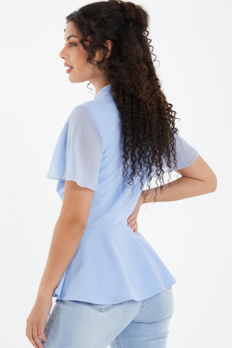 Light Blue Chiffon Sleeve Peplum Top