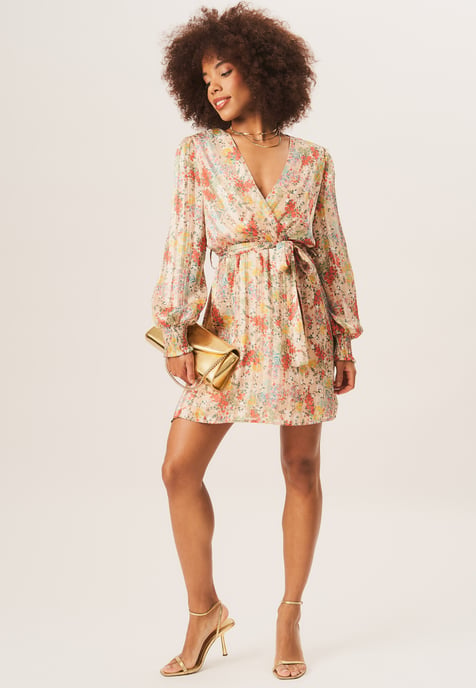 Multi Color Stripe Chiffon Jacquard Wrap Mini Dress