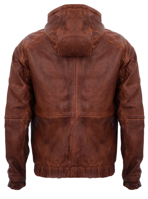 Leather bomber and cycling jacket with hood and zipper