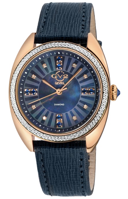 GV2 Women's Palermo Diamond Swiss Quartz MOP Black Dial, Genuine Black Handmade Leather Watch