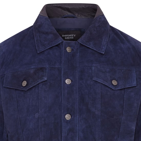 Mens Navy Blue Goat Suede Leather Jeans Jacket- Nurmes