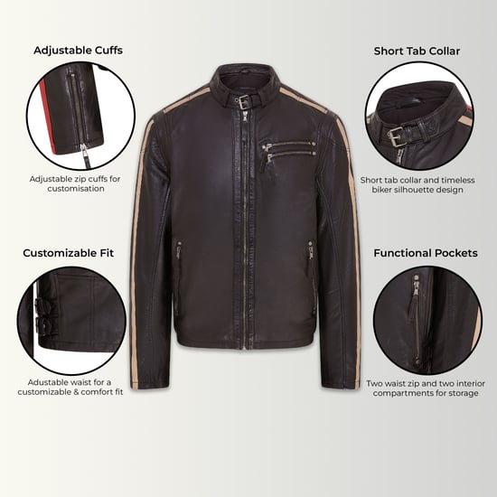 Mens Striped Cafe Racer Biker Leather Jacket - Alta