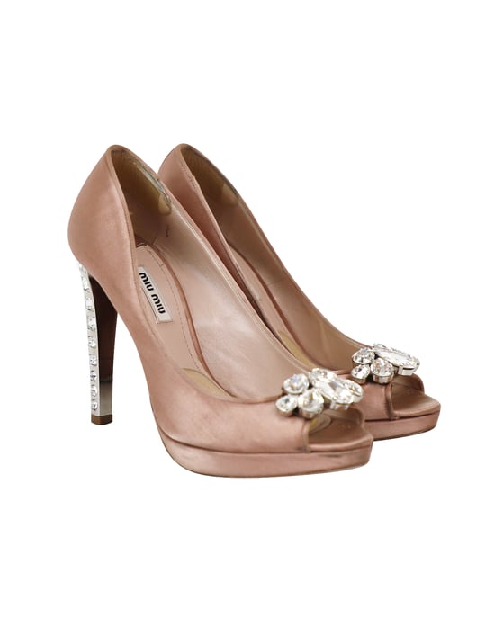 Miu Miu Kristal Versierde Peep Toe Platform Pumps in Nude Satijn - Image 3