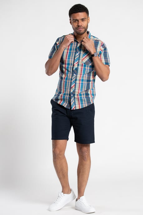 Blue Cotton Check Short-Sleeve Shirt