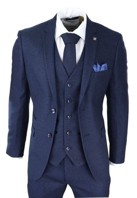 Heren 3-delige marineblauwe birdseye tweed klassieke pak - Image 1