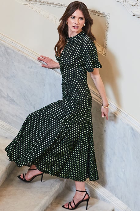Black & Green Spot Print Keyhole Detail Jersey Dress