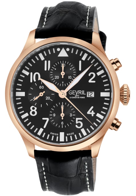 Gevril Vaughn Chronograph Black Dial Swiss Automatic ETA 7750 Watch