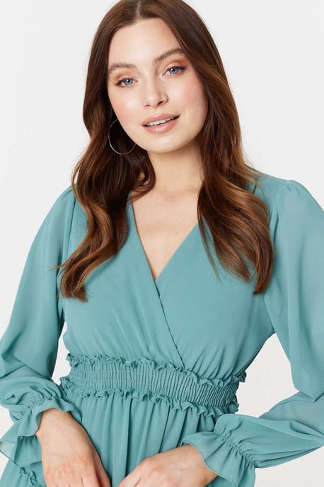 Green Lace Detail Long Sleeve Mini Dress