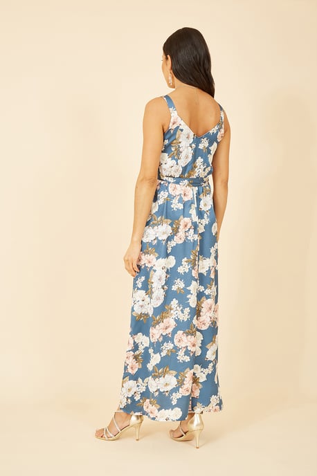 Blue Satin Floral Print Maxi Dress