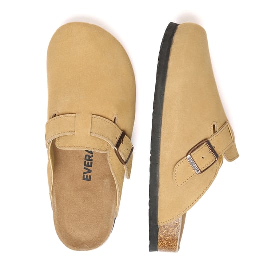 EVER AU Women Pintail Leather Comfort Clog Sandals - Camel Suede