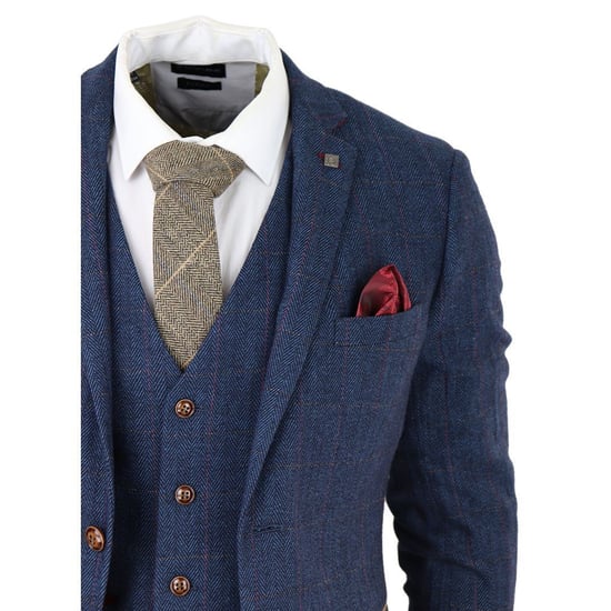 Heren Blauwe Tweed Ruit 3-Piece Pak - Image 4