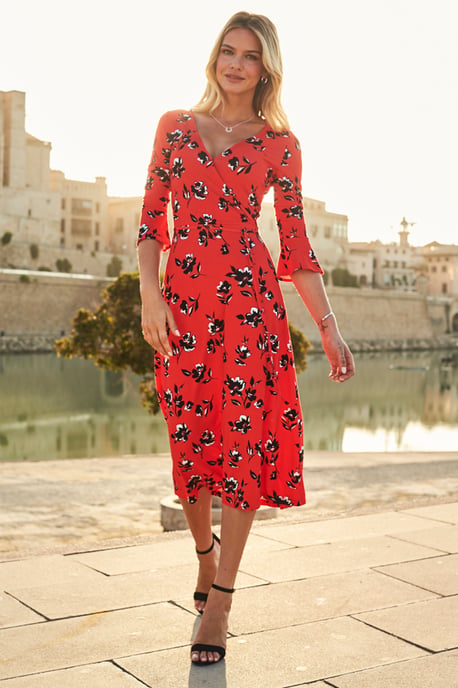 Red & Black Floral Print Jersey Midi Dress