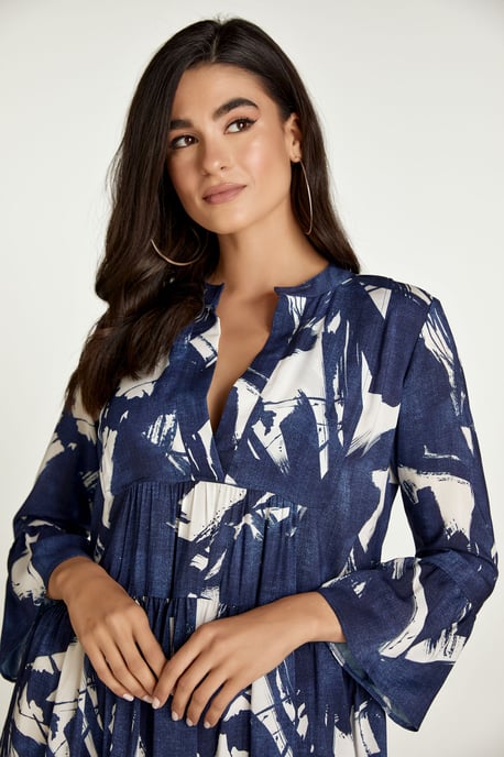 Navy and White A Line Dress with Bell Sleeves
