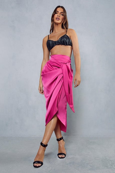 Satin High Waisted Wrap Midi Skirt