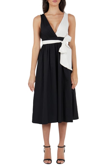 Zwart met contrast witte poplin tie taille midi jurk - Image 6