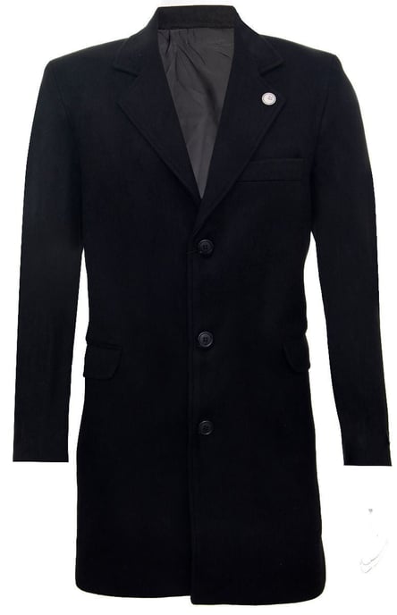 Men's Long Black Wool Slim Fit Overcoat