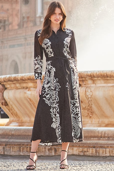 Black & White Floral Print Belted Midi Shirt Dress