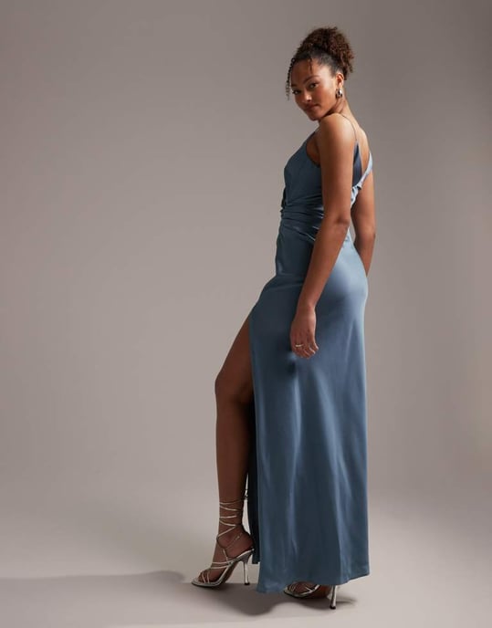 ASOS DESIGN Bridesmaid satin cami maxi dress with drape detail in dusky blue
