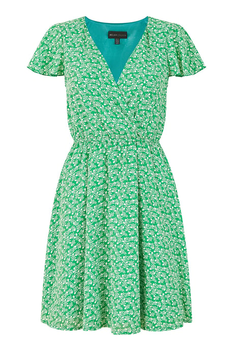 Green Ditsy Print Wrap Skater Dress