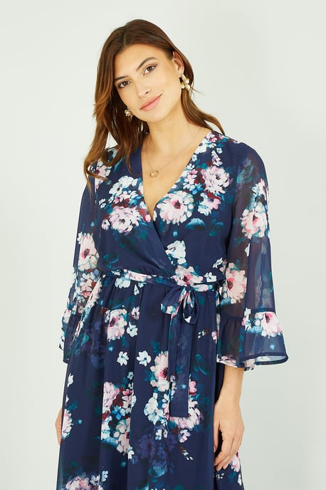 Navy Watercolour Floral Dip Hem Midi Dress