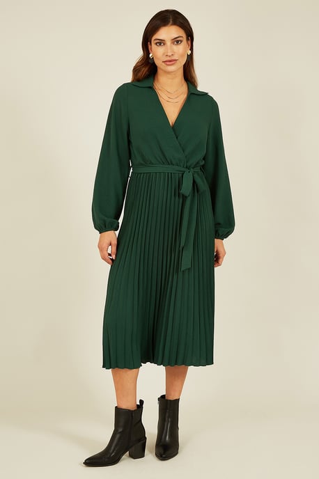 Green Long Sleeve Pleated Dress