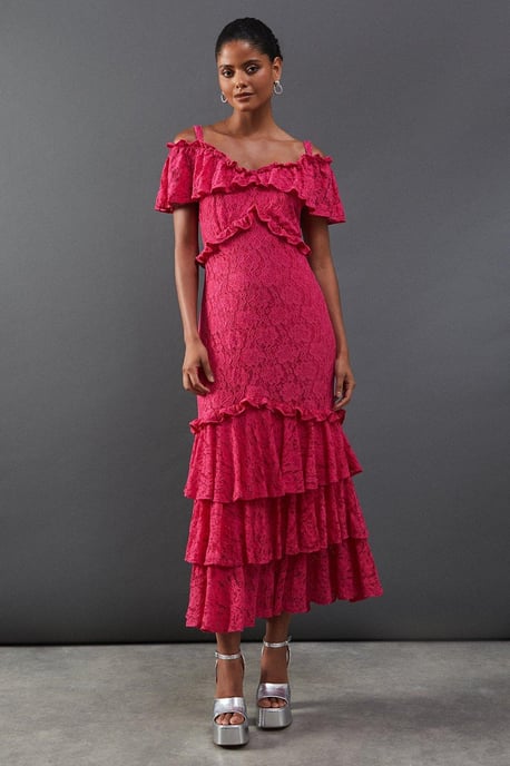 Corded Lace Ruffle Fallen Shoulder Midi Dress