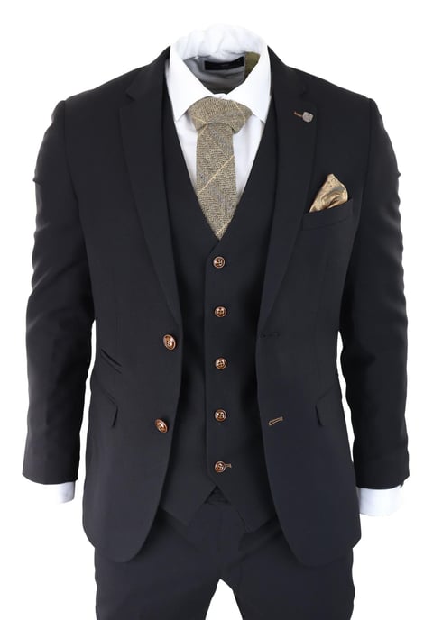 Mens Black 3 piece Suit Brown Trim Classic Birdseye Vintage Wedding Grooms