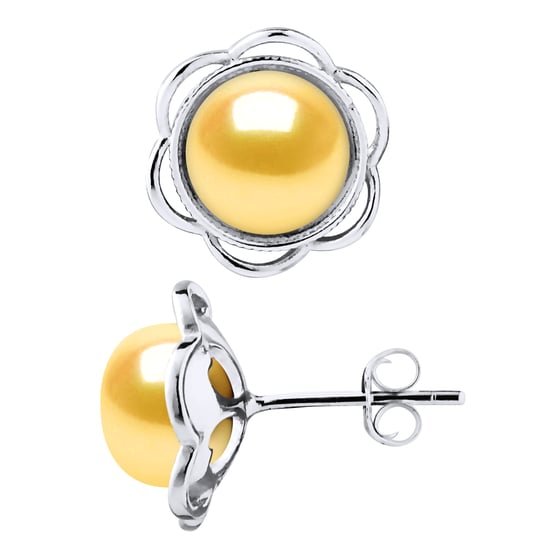 Stud Earrings FLOWER Beads Freshwater 8-9mm Golden Buttons 925