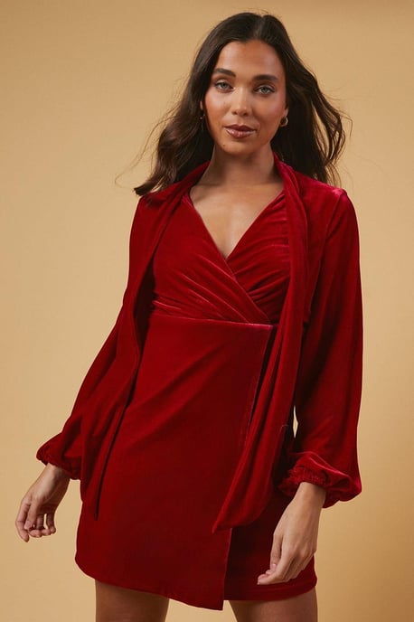 Petite Occasion Velvet Tie Neck Mini Dress