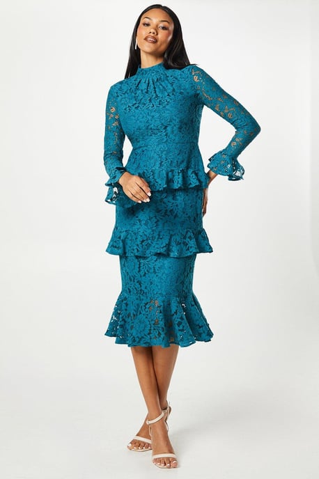 Long Sleeve Tiered Ruffle Lace Midi Dress