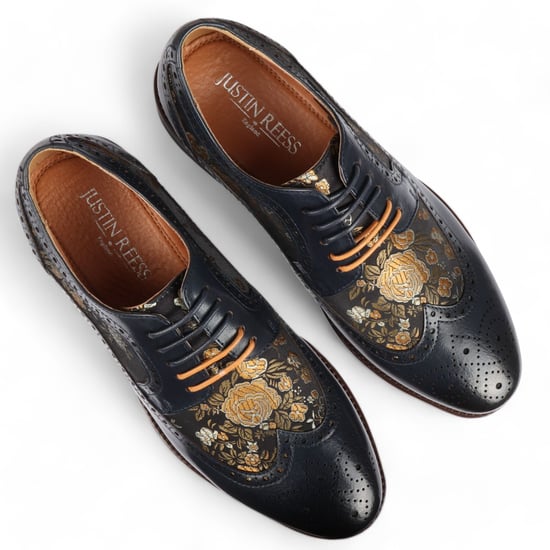 Justin Reess Heren Navy Blauw Leren Bloemenprint Brogue Dresschoenen - Ross - Image 6
