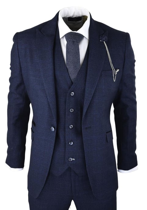 Heren 3-delig marineblauw geruit tweed retro klassiek pak - Image 1