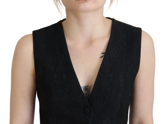 Dolce & Gabbana Dames Zwarte Brokaat Button-Down Mouwloze Vest Top - Image 4