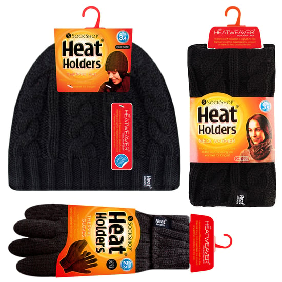 Heat Holders - Womens Thermal Winter Fleece Hat, Neck Warmer and Converter Gloves set - Black