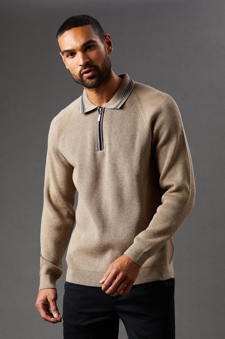 Fine Gauge Long Sleeve Zip Neck Knitted Polo