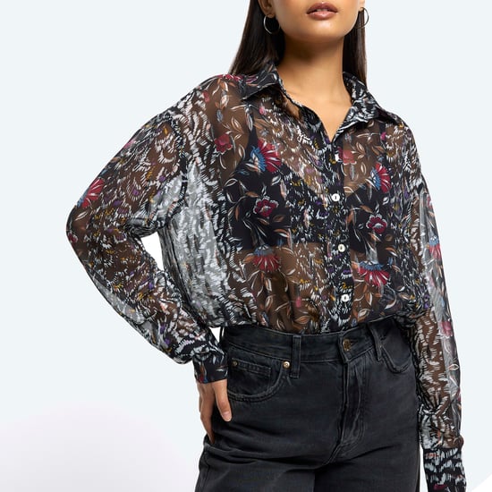 River Island Womens Shirt Black Chiffon Floral Long Sleeve