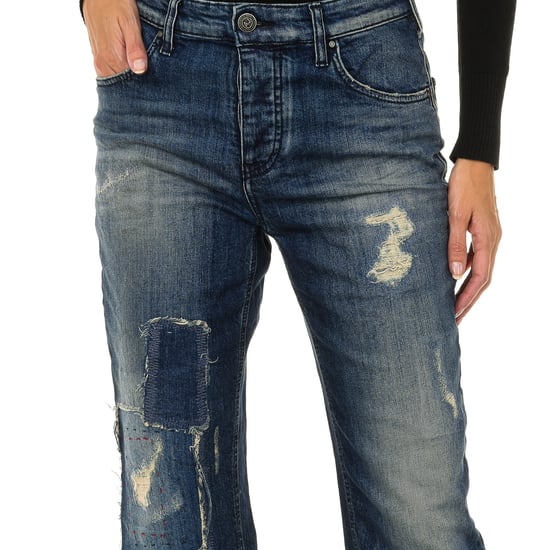 Women's long worn and torn effect denim pants 6Y5990-5D3UZ