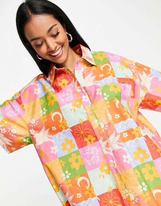 ASOS DESIGN short sleeve vacay shirt in bright check motif print-Multi