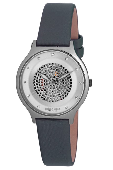 Johan eric: orstead, women's, silver sunray dial watch, up dots & swarovski indexes, grey satin band..