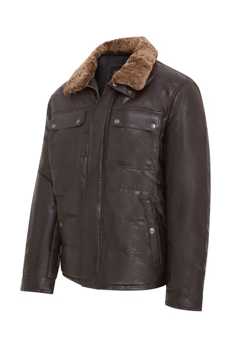 Mens Brown Leather Puffer Quilted Jacket - Farsund