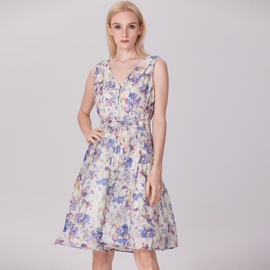 Mouwloze thee-organza-jurk met bloemenprint - Image 1