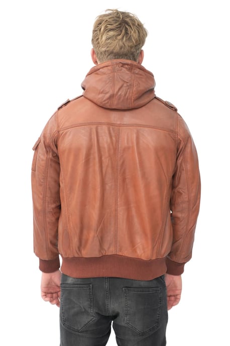 Mens Tan Leather Hooded Bomber Jacket - Tirana