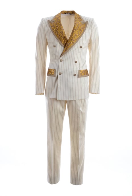 Dolce & Gabbana Men Gold Lapel & Pockets Striped Suit - Image 1