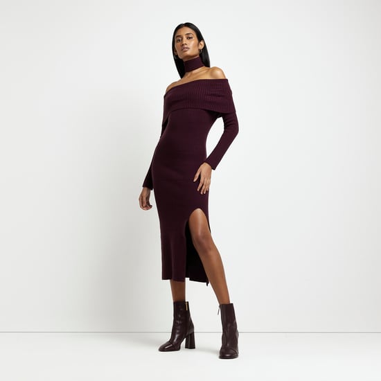 River Island Womens Bodycon Midi Dress Red Knit Bardot