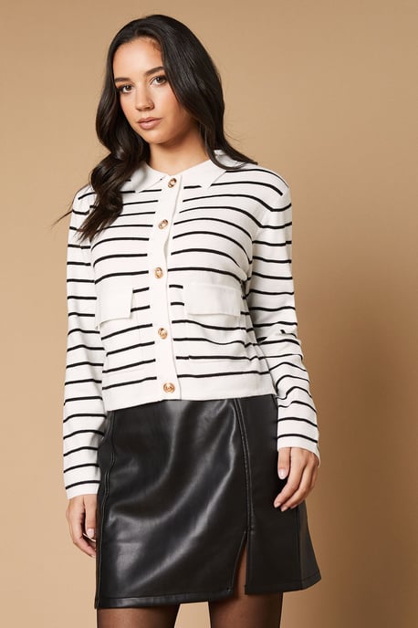 Striped Collared Button Down Knitted Jacket