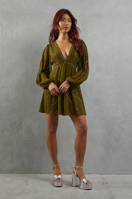 Premium Chiffon Embellished Plunge Neck Mini Dress - Image 2