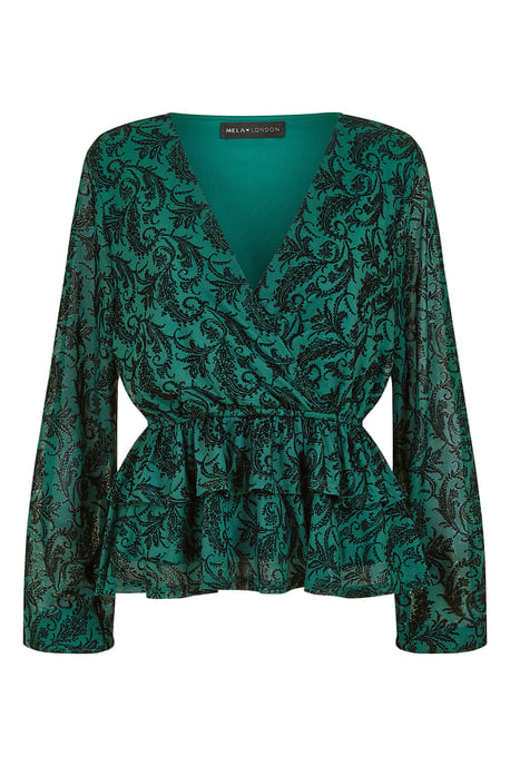 Green Velour Printed Long Sleeve Wrap Top